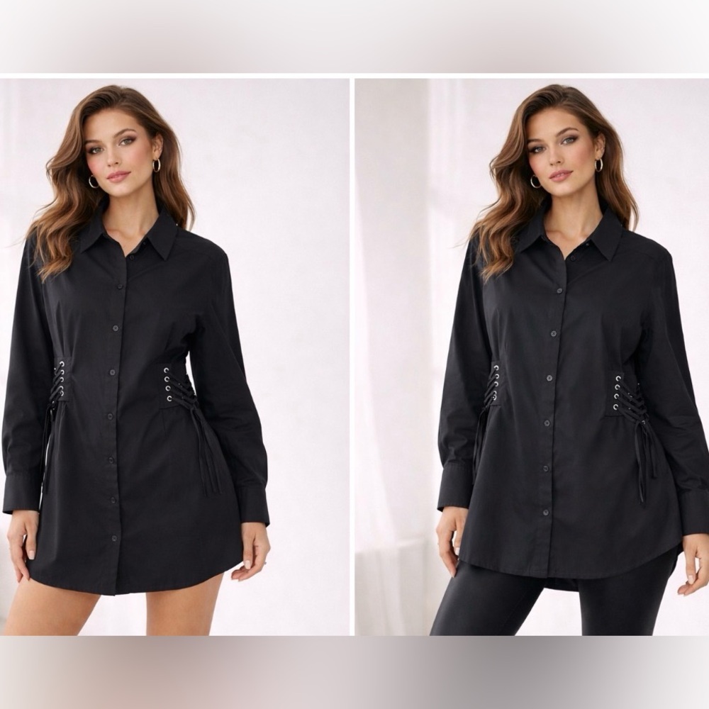 Neiman Marcus Black Side Corsets Button Down Tunic Top Women’s Size L